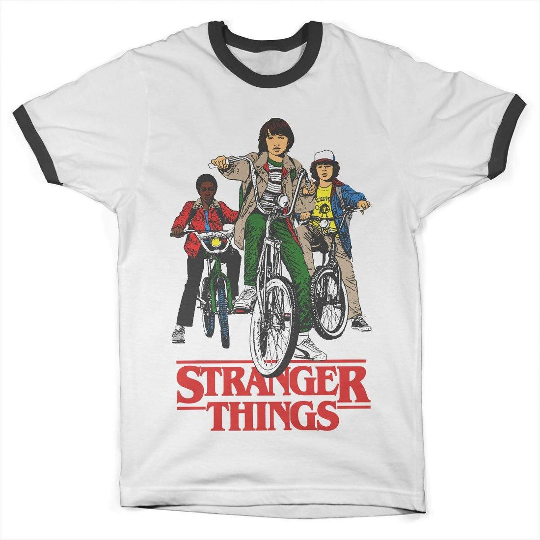 Hvid t-shirt med sort kant med retro 1980er logo på front 