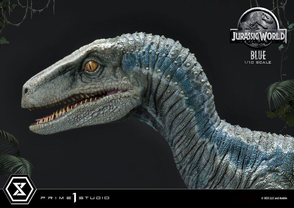 Jurassic world fallen kingdom prime collectibles statue 1/10 blue (åben mund version) 17 cm - SuperMerch.dk hoved set fra venstre side helt tæt på
